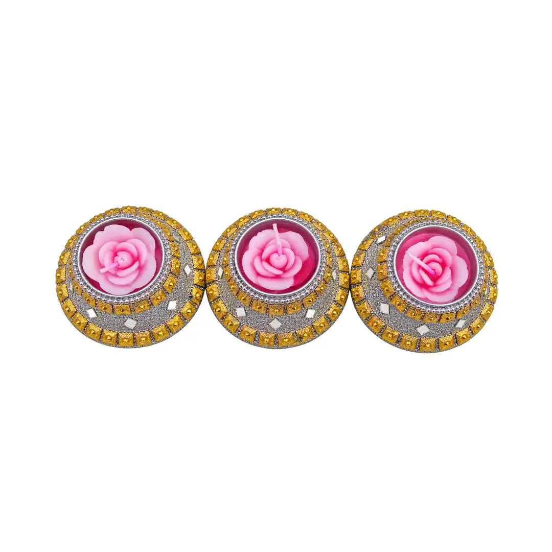 Handcrafted Rose Fragrance Gold & Silver Embellished Floating Candles Set of 3