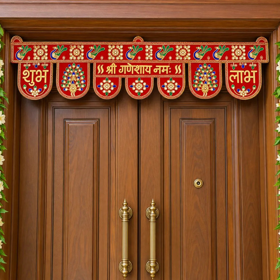 Traditional Red Peacock Toran with "Shubh Labh" & "Shree Ganeshay Namah" Embroidery