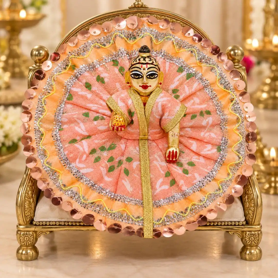 Handmade Peach Pink & Golden Floral Design Dress for Laddu Gopal (Size No. 3)