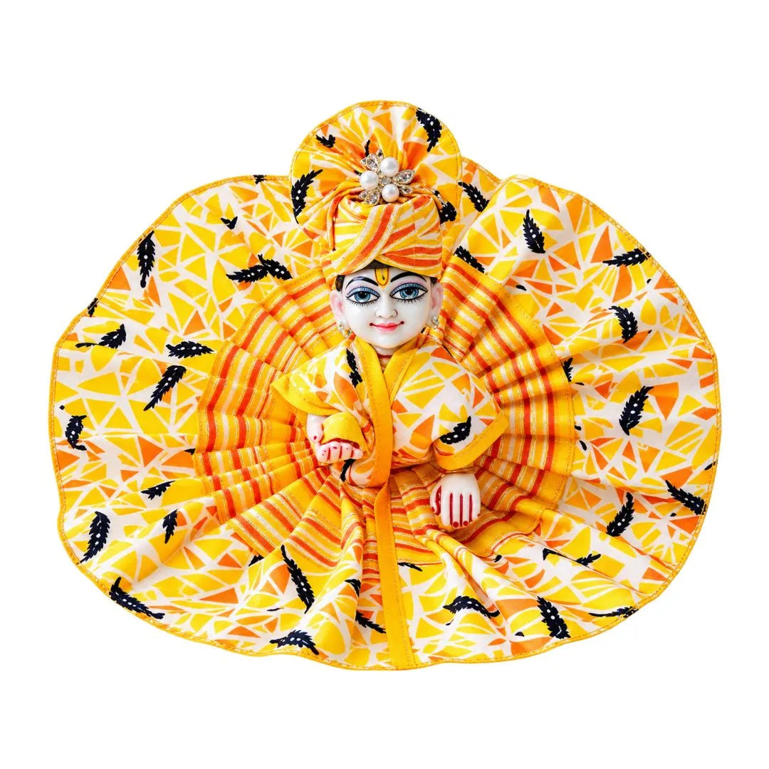 Yellow Geometric Print Cotton Laddu Gopal Dress with Matching Pagadi