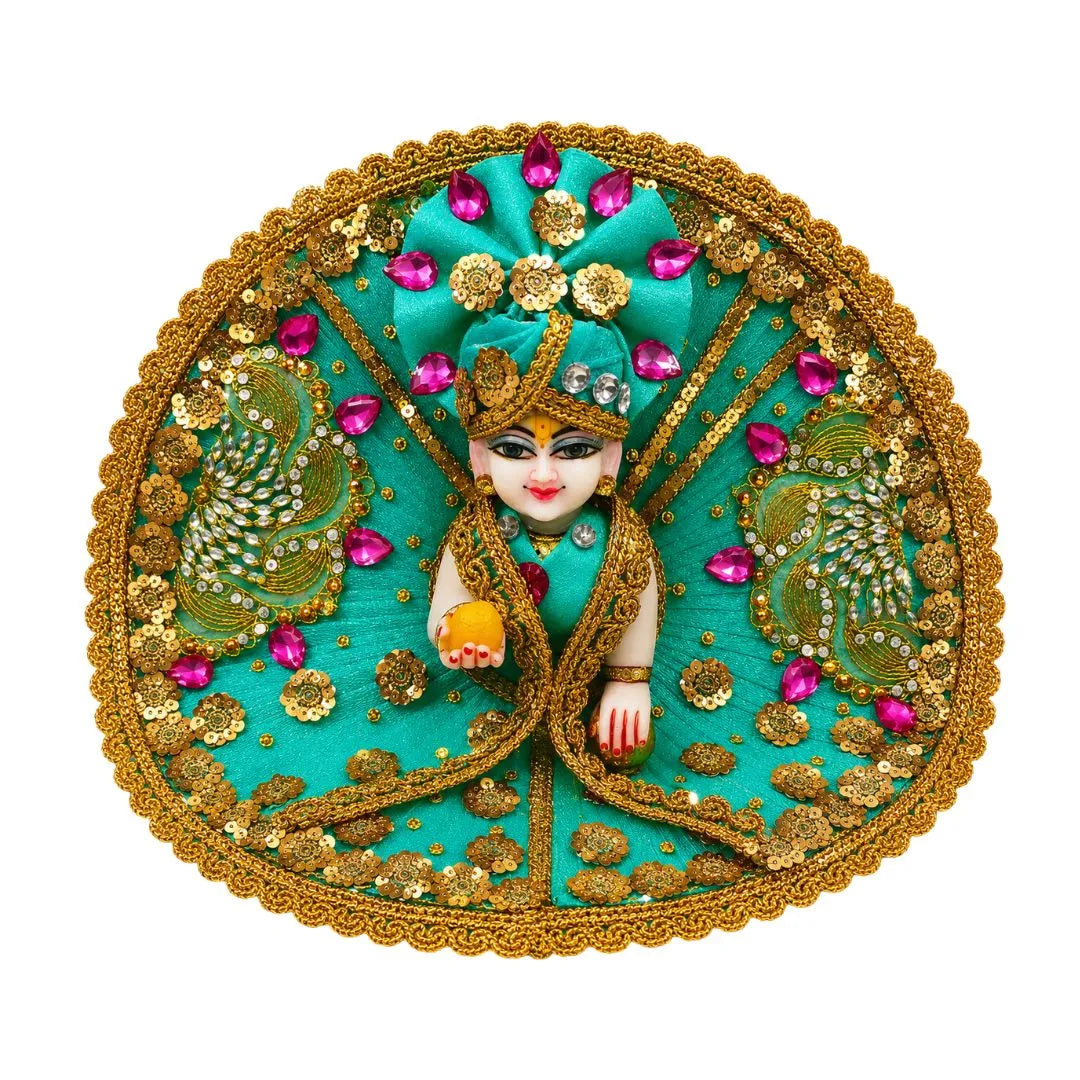 Premium Sea Green Laddu Gopal Dress with Golden Lace, Sequin & Peacock Design