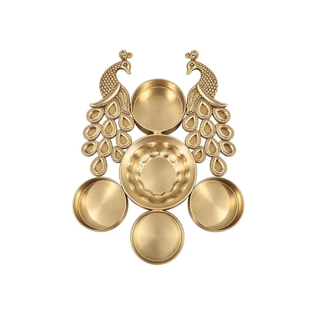 Golden Metal Peacock Diya Pooja Thali Set for Diwali Puja & Home Decoration