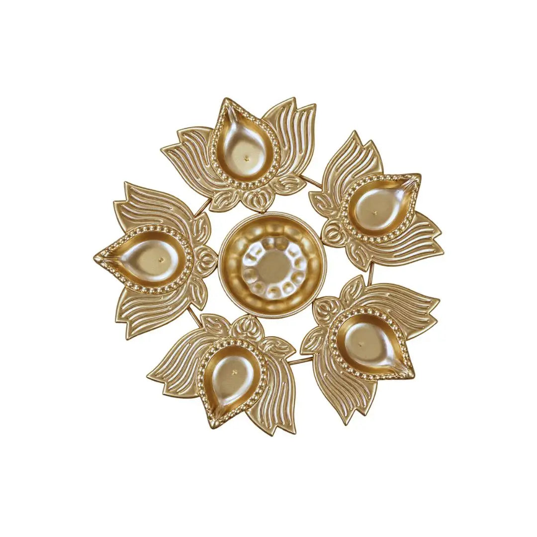 Golden Metal Lotus Diya Set with 5 Diyas & Centerpiece for Diwali Puja & Home Decoration
