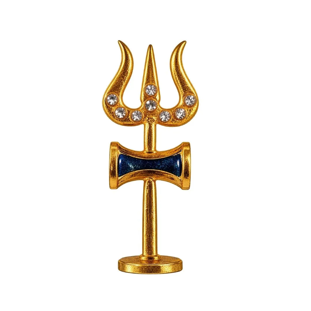 Premium 2 inch Blue, Stone Studded Gold-Plated Metal Trishul with Damru