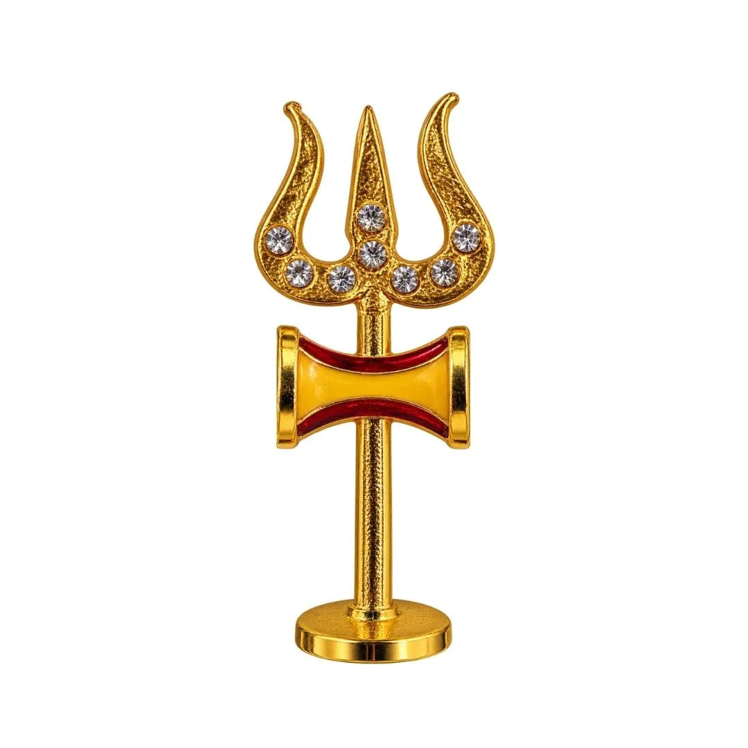 Premium 2 inch Yellow and Red, Stone Studded Gold-Plated Metal Trishul with Damru