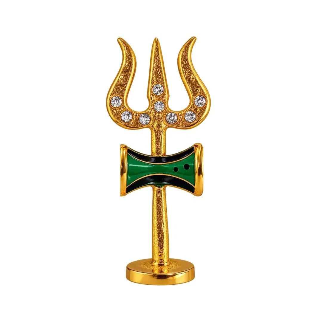 Premium 2 inch Green, Stone Studded Gold-Plated Metal Trishul with Damru