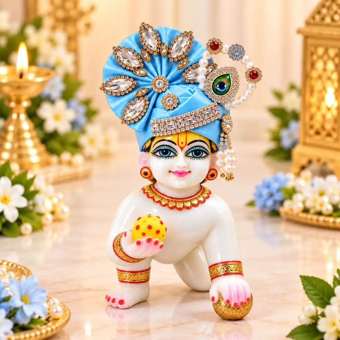 Premium Feather Design with Stone and Beads Decorated Sky Blue Laddu Gopal Mukut