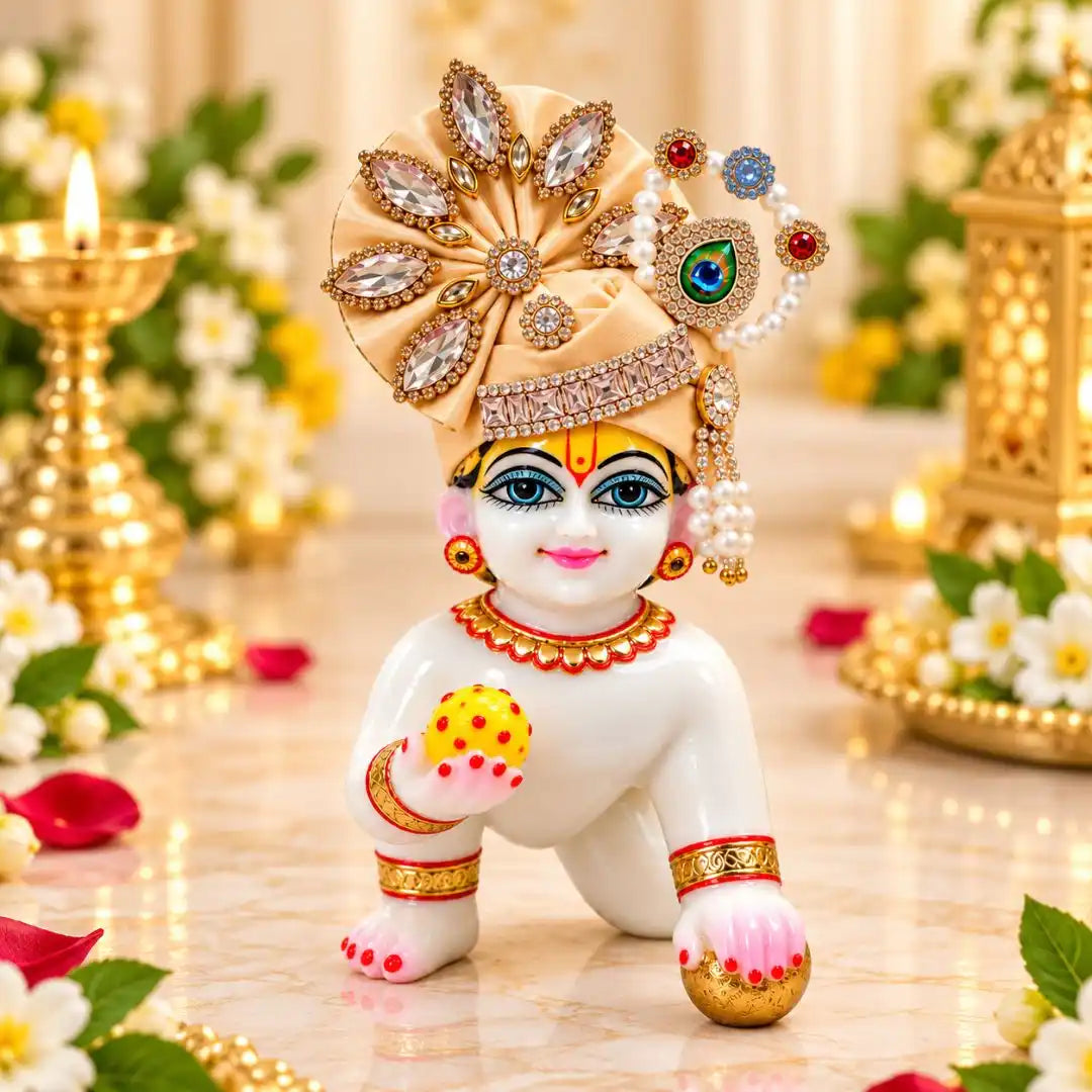 Premium Feather Design with Stone and Beads Decorated Beige Laddu Gopal Mukut