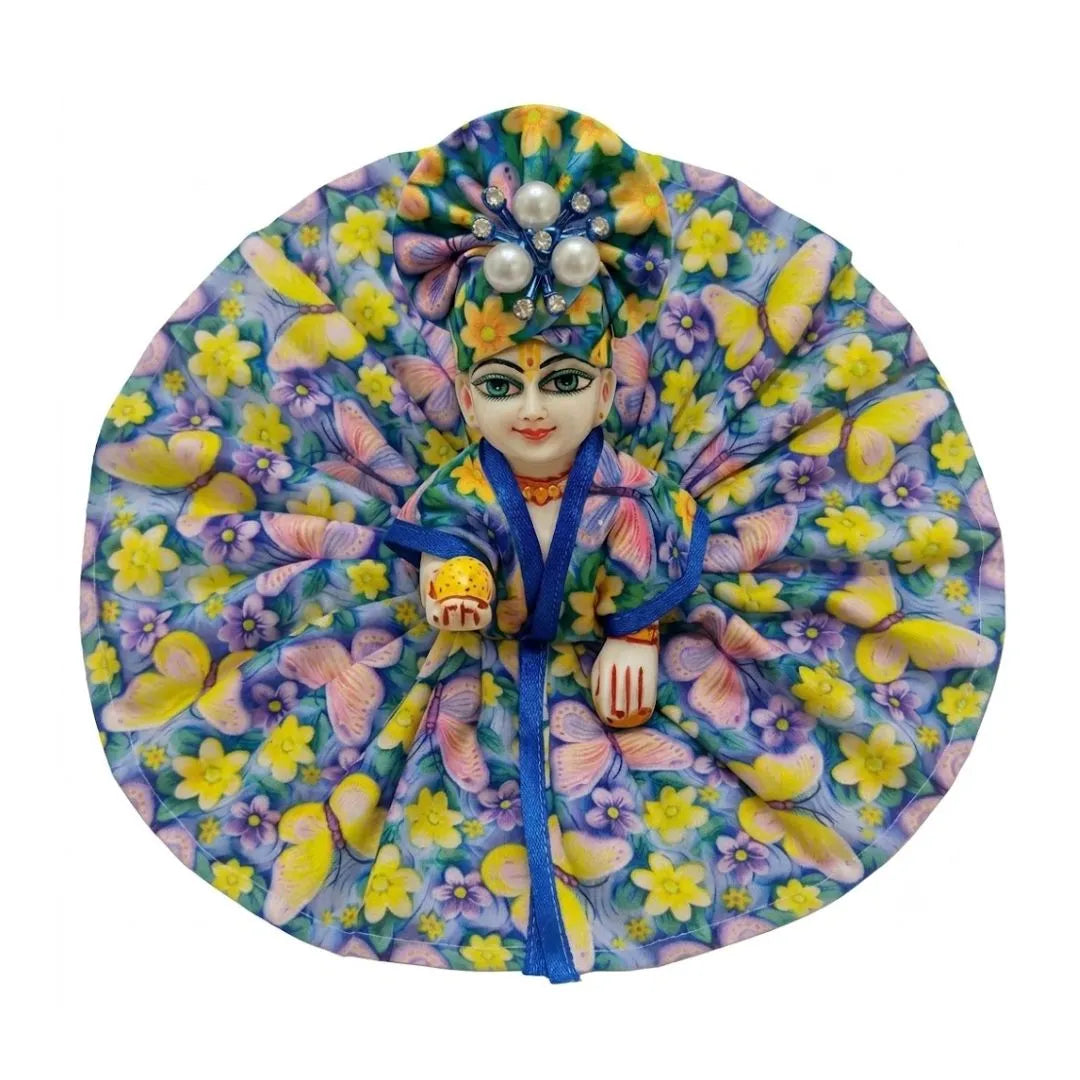 Floral Butterfly Print Blue & Yellow Cotton Dress with Beads Decorated Mukut for Laddu Gopal