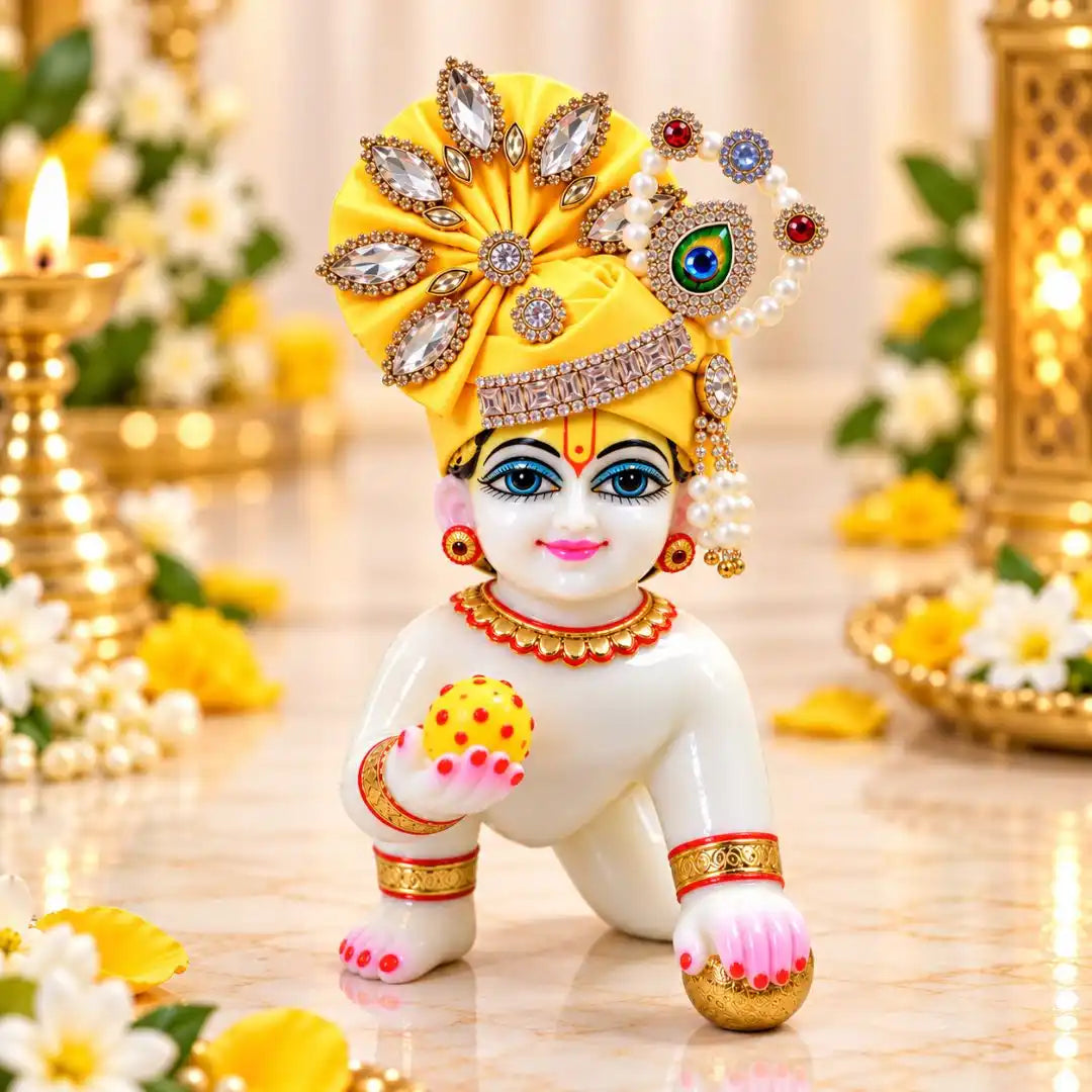 Premium Feather Design with Stone and Beads Decorated Yellow Laddu Gopal Mukut