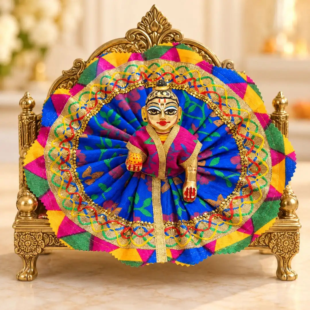 Premium Golden Lace Design Blue Pink Multicolor Floral Fancy Dress for Laddu Gopal