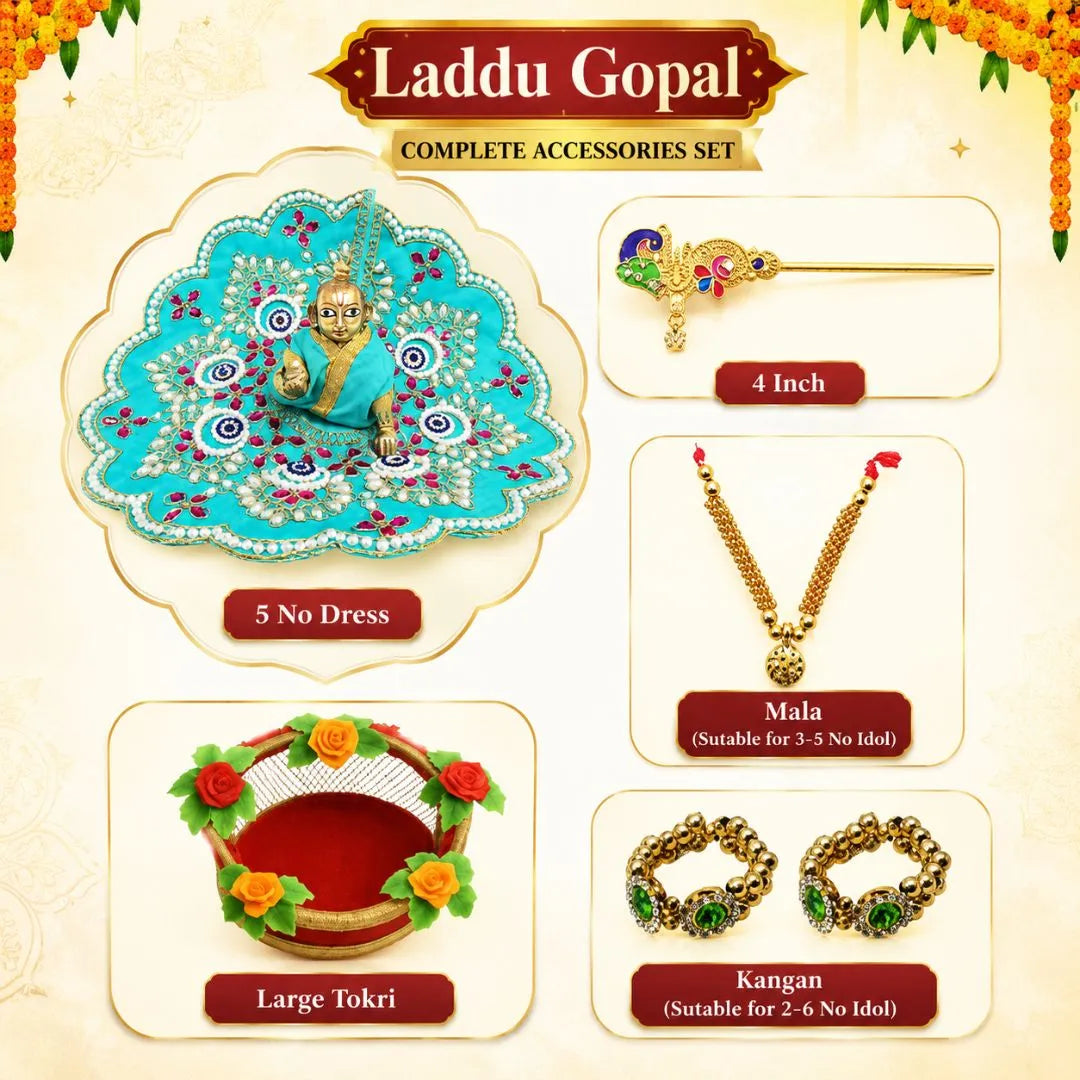 Laddu Gopal Pooja Combo Set with Dress, Bansuri, Mala, Basket & Kangan