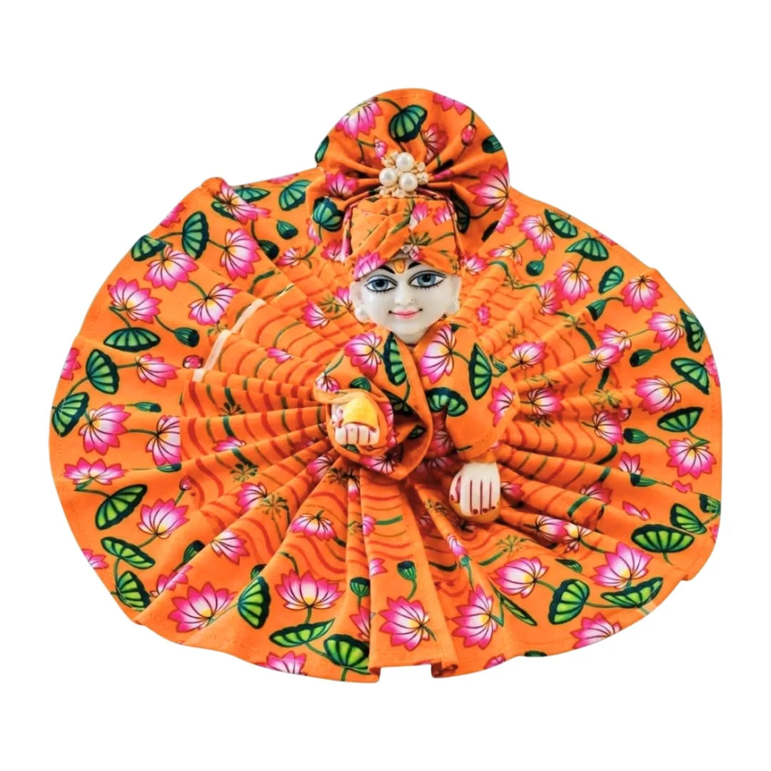 Handcrafted Orange Lotus Print Cotton Laddu Gopal Dress with Matching Pagdi