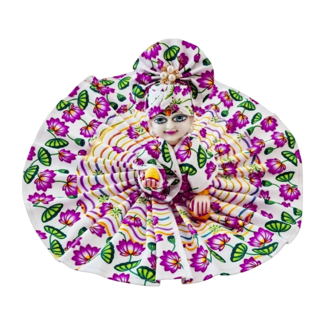Handcrafted White Lotus Print Cotton Laddu Gopal Dress with Matching Pagdi