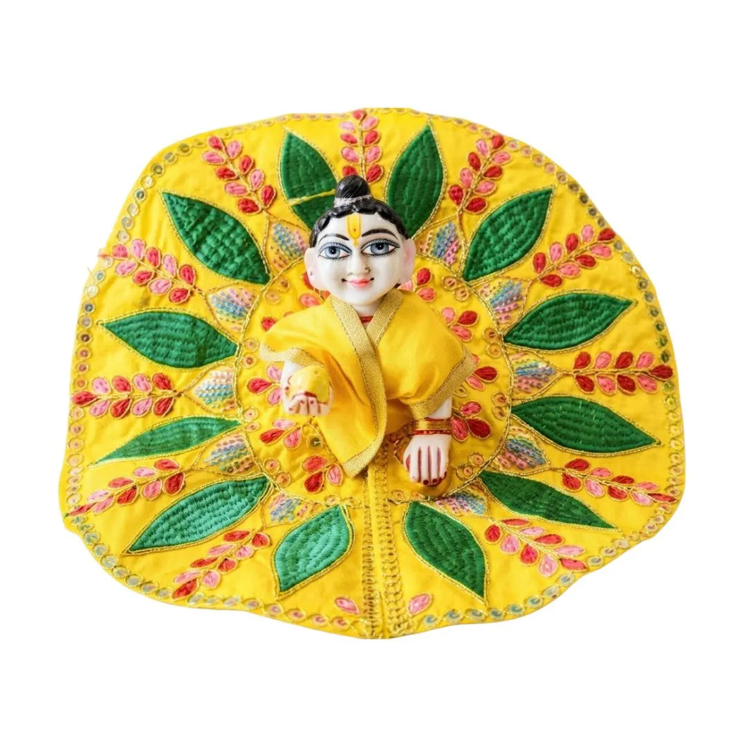 Fancy Yellow and Green Embroidered Leaf Pattern Laddu Gopal Poshak
