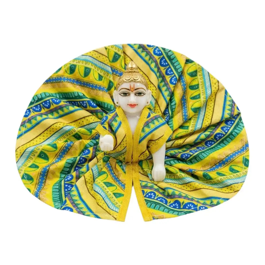 Vibrant Yellow & Teal Printed Laddu Gopal Poshak - Handcrafted Cotton Krishna Dress