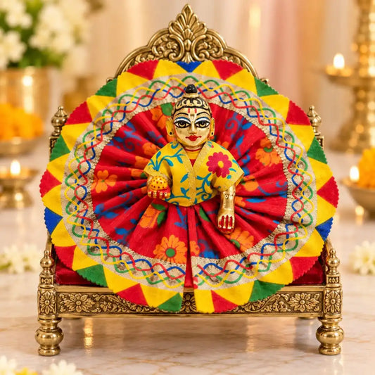 Premium Handmade Red Floral Print Laddu Gopal Dress with Multicolor Lace & Yellow Border
