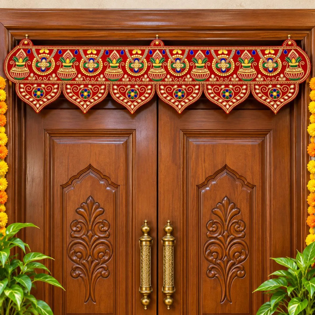 Traditional Red Kalash & Floral Embroidered Door Toran for Diwali Decoration