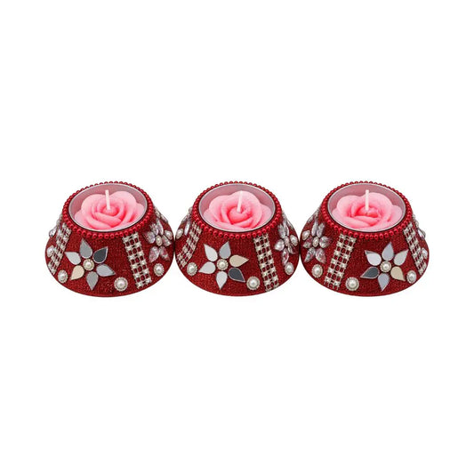 Handcrafted Rose Floating Candles in Embellished Red Tealight Holders - Set of 3