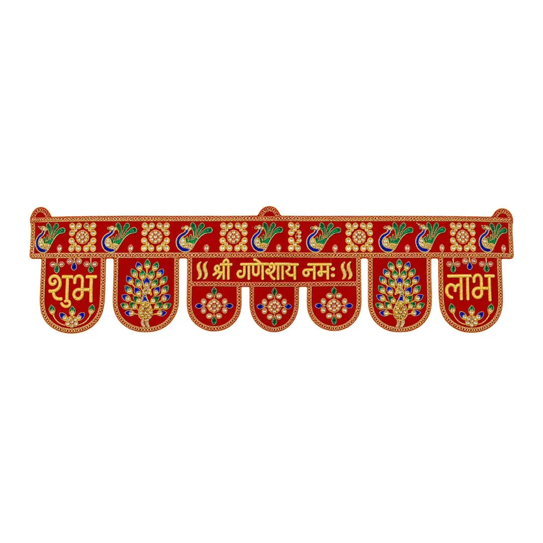 Traditional Red Peacock Toran with "Shubh Labh" & "Shree Ganeshay Namah" Embroidery