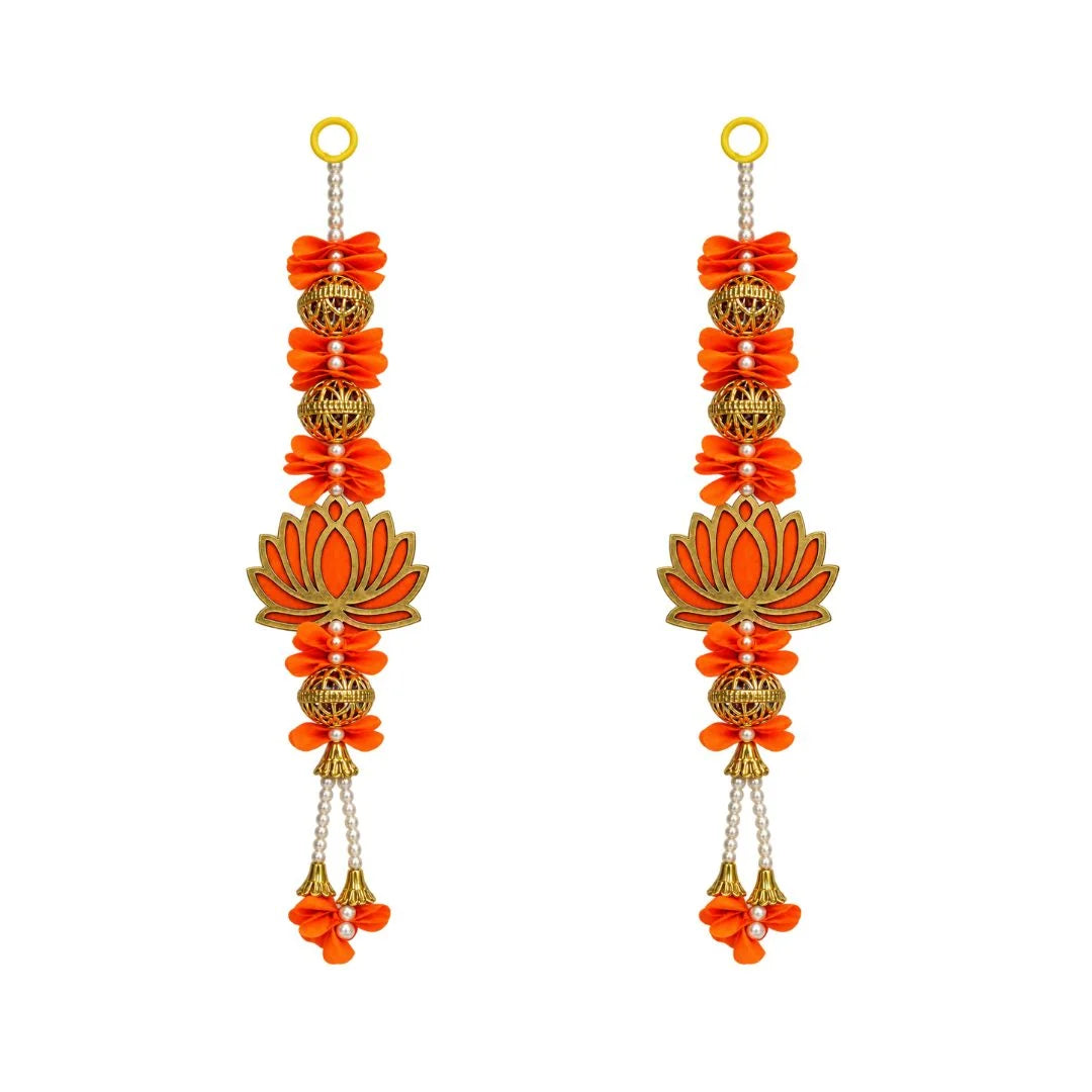 Elegant Orange Artificial Flower & Lotus Diwali Door Latkan Pair with Beads