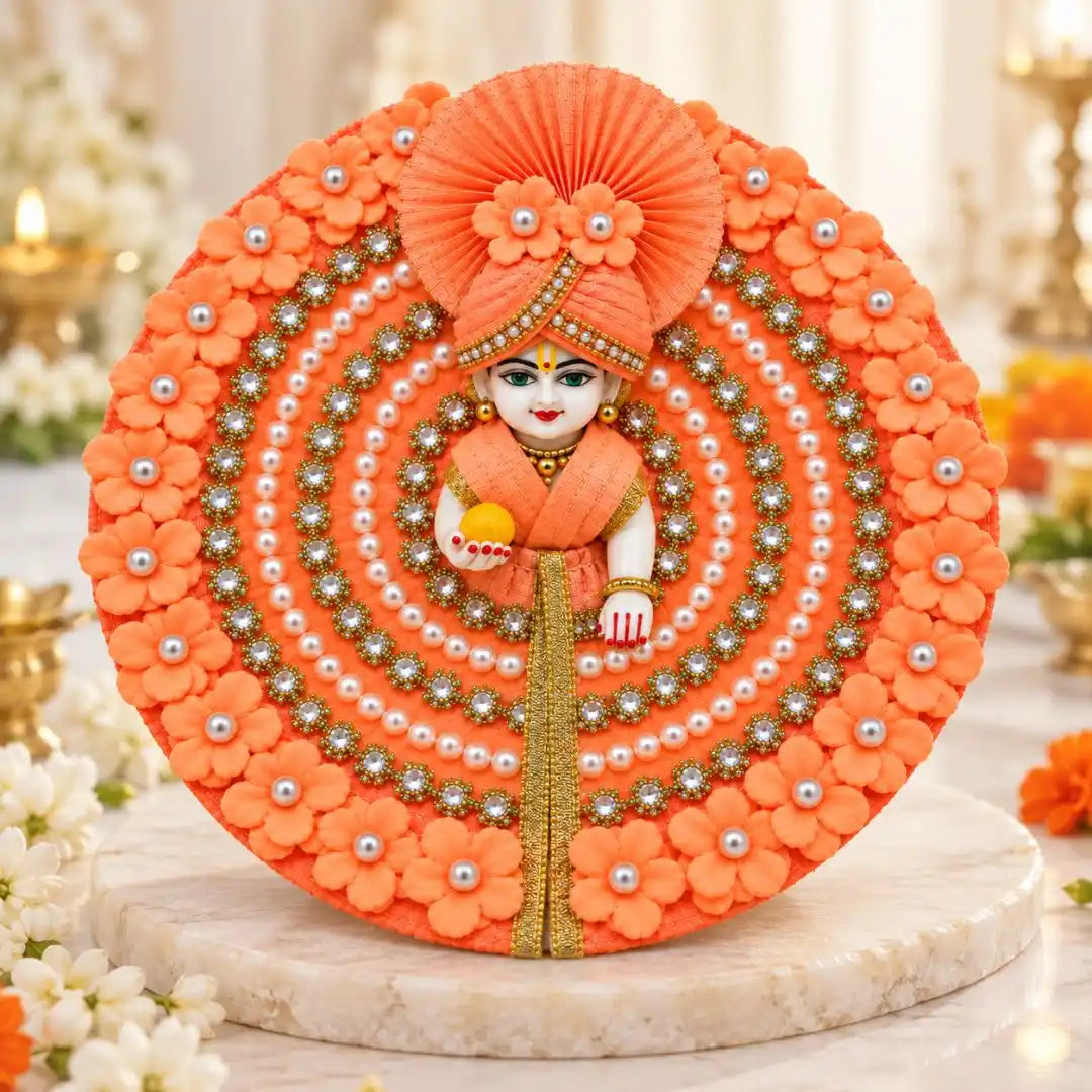 Fancy Orange Floral & Beads Embellished Dress with Matching Mukut for Laddu Gopal