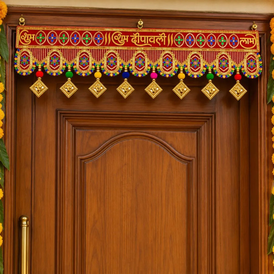 Handcrafted Royal Red Shubh Deepawali Door Toran with Ganesh ji Dangles