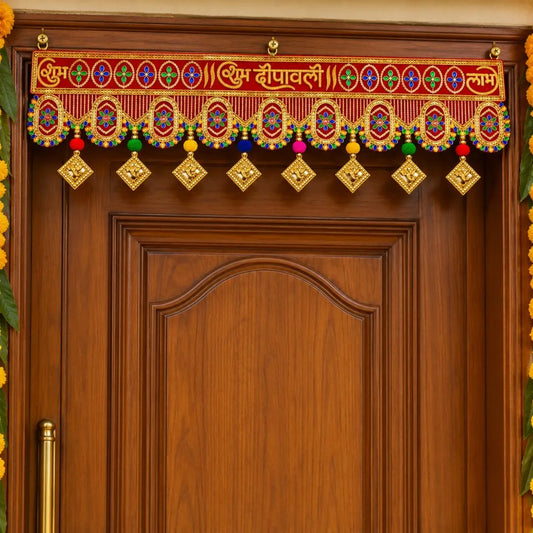 Handcrafted Royal Red Shubh Deepawali Door Toran with Ganesh ji Dangles
