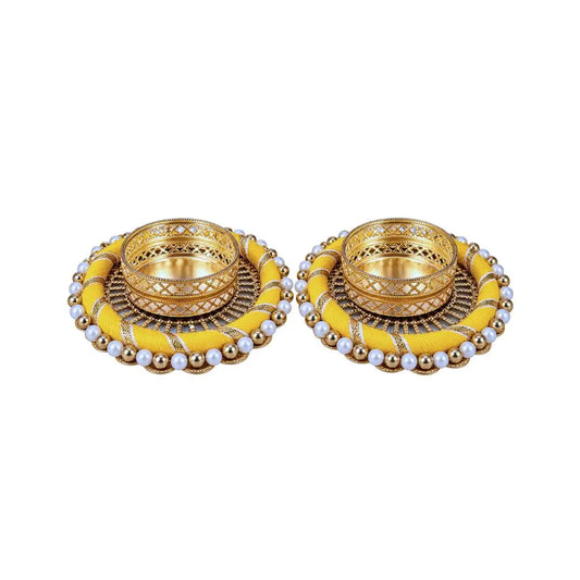 Handcrafted Yellow Silk Thread & Beads Tealight Candle Holder Set (Set of 2)