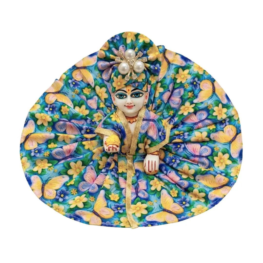 Blue Floral & Butterfly Print Pure Cotton Laddu Gopal Dress with Matching Mukut