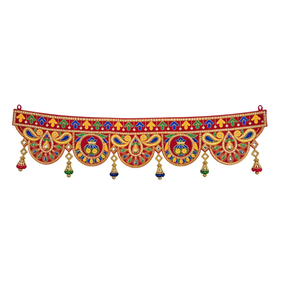 Handcrafted Red & Gold Ethnic Door Toran with Kalash Embroidery