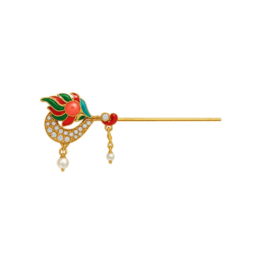 Peacock Feather & Zari Work Metal Orange Bansuri