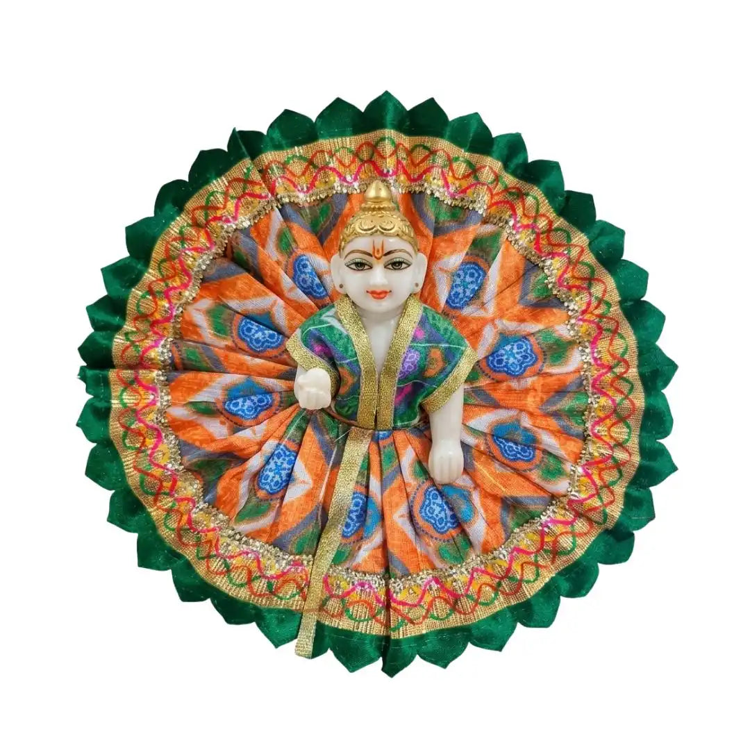 Handcrafted Orange & Green Peacock Feather Print Laddu Gopal Dress