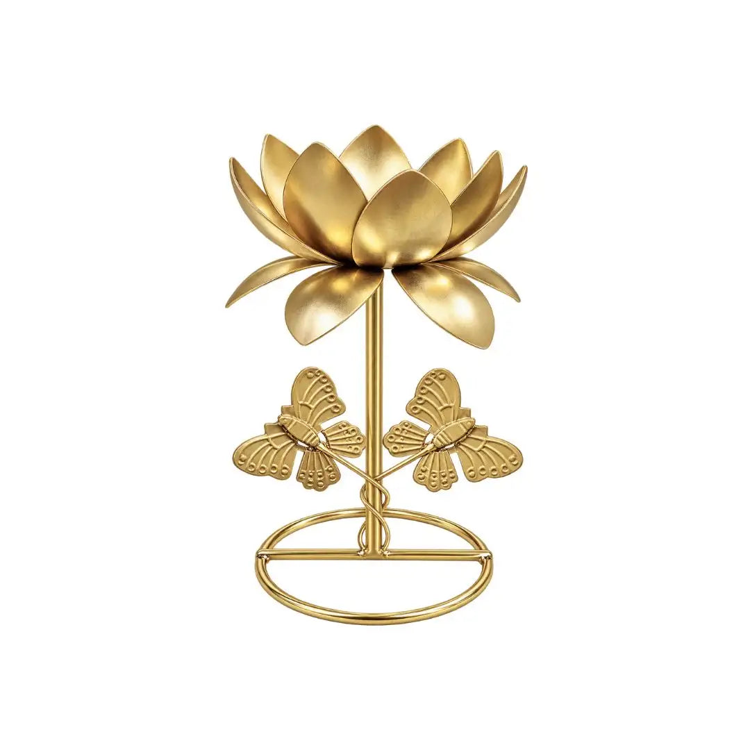 Golden Metal Lotus Diya Stand with Butterfly Design