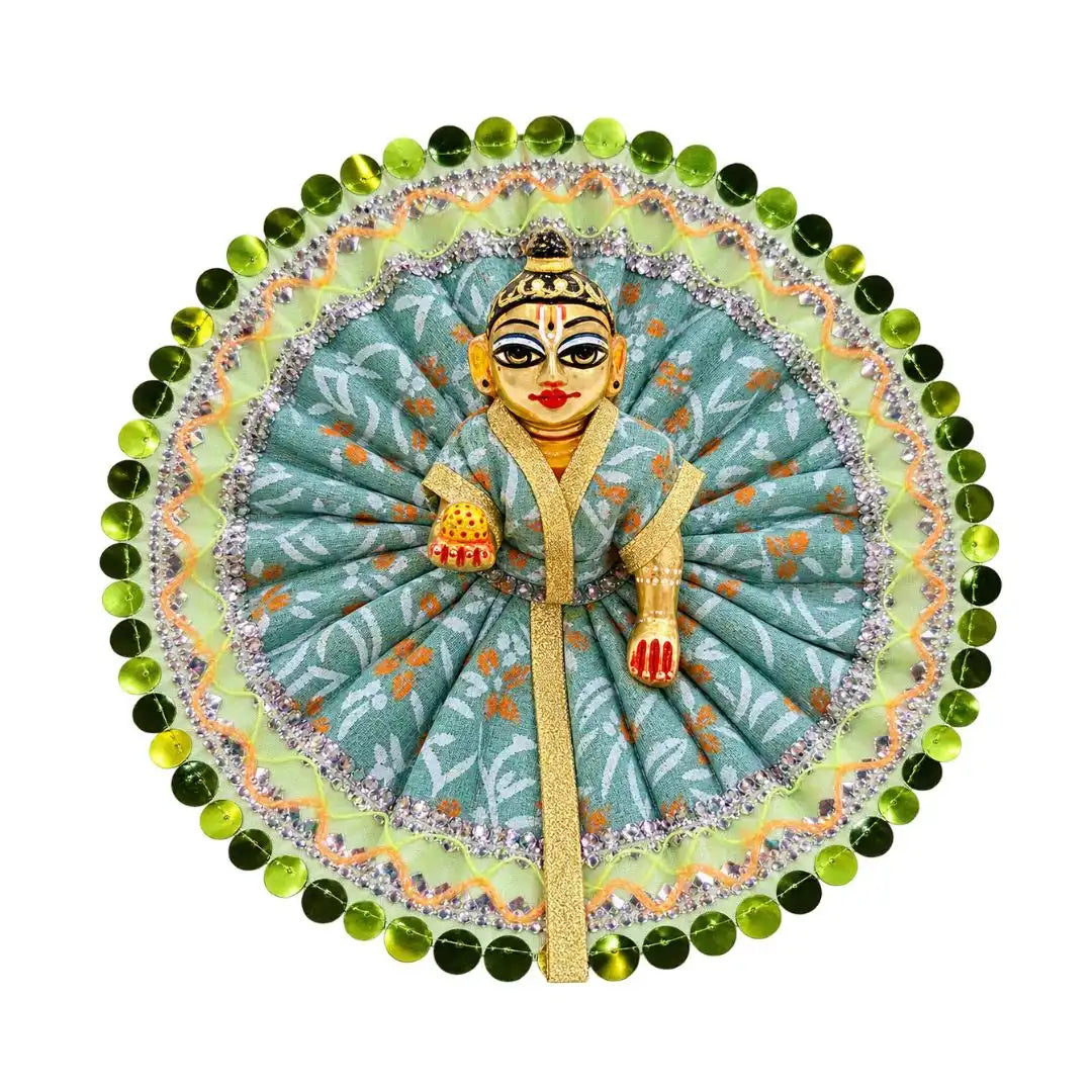 Handmade Sea Green Floral Print & Golden Lace Dress for Laddu Gopal - Size No. 3