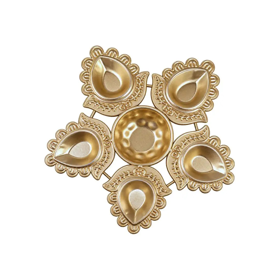 Golden Metal Diya Set with 5 Decorative Diyas for Diwali Puja Decoration