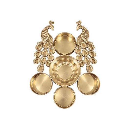 Golden Metal Peacock Diya Pooja Thali Set for Diwali Puja & Home Decoration