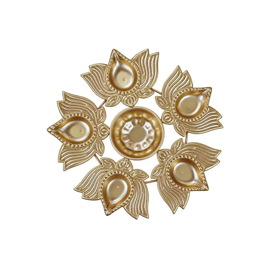 Golden Metal Lotus Diya Set with 5 Diyas & Centerpiece for Diwali Puja & Home Decoration