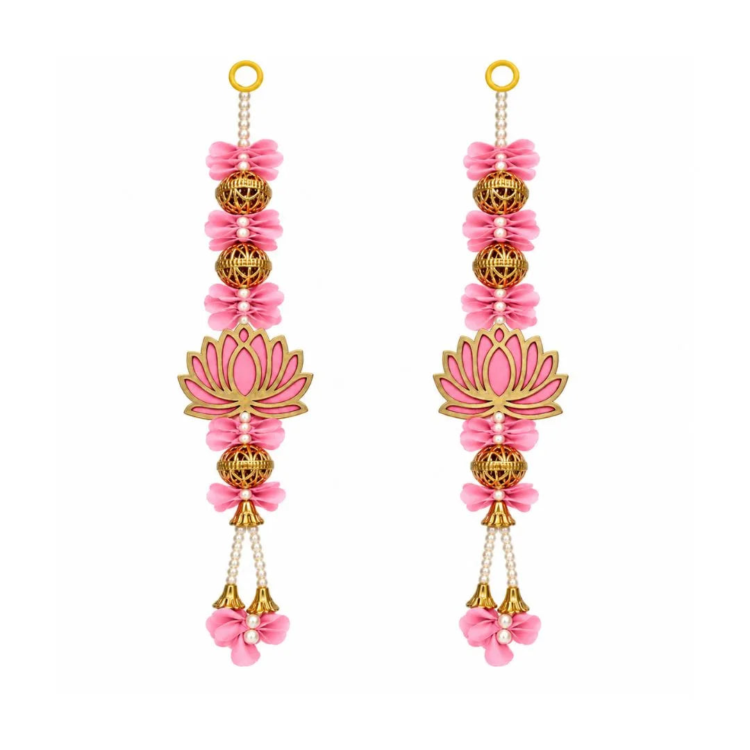 Elegant Pink Artificial Flower & Lotus Diwali Door Latkan Pair with Decorative Beads