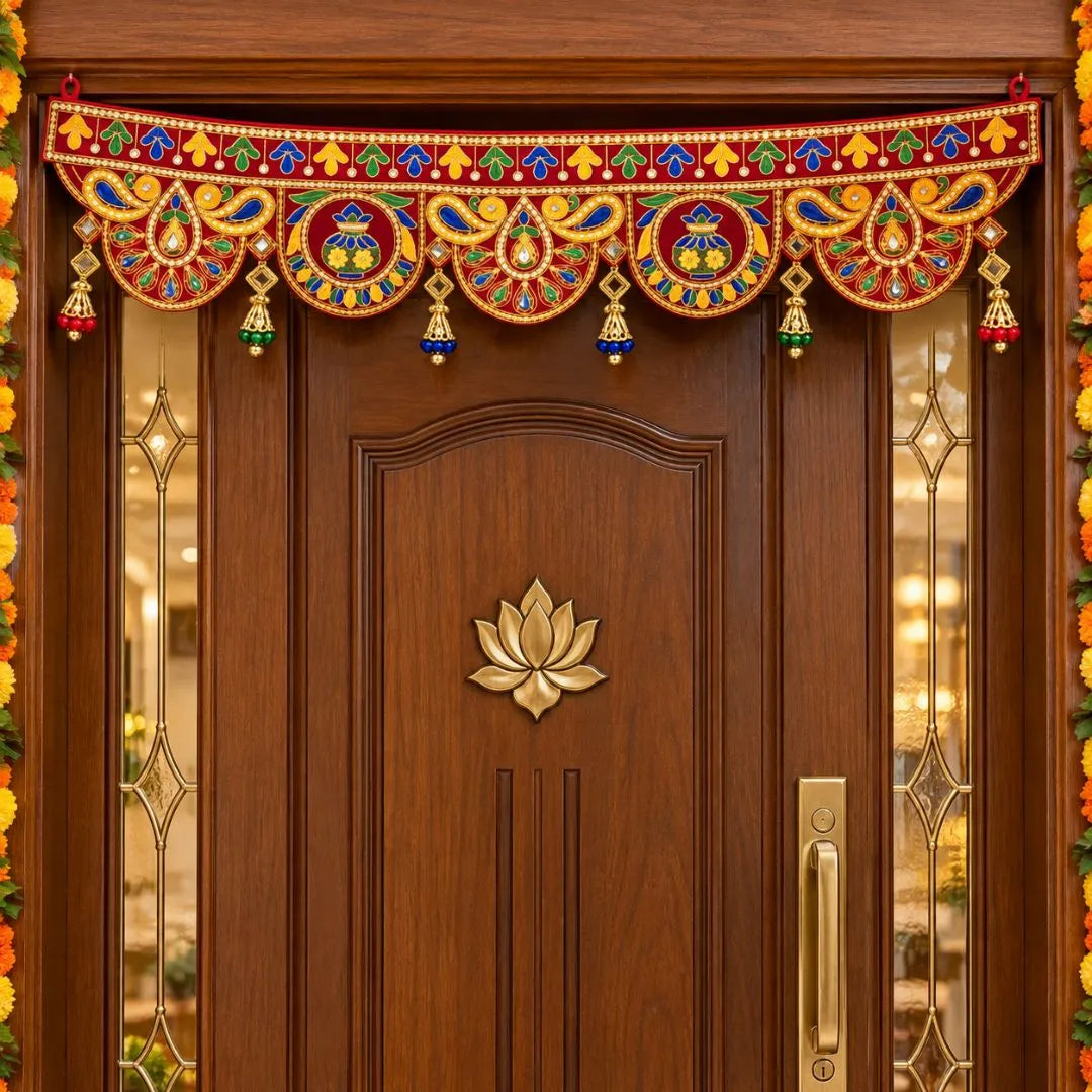 Handcrafted Red & Gold Ethnic Door Toran with Kalash Embroidery