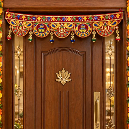Handcrafted Red & Gold Ethnic Door Toran with Kalash Embroidery