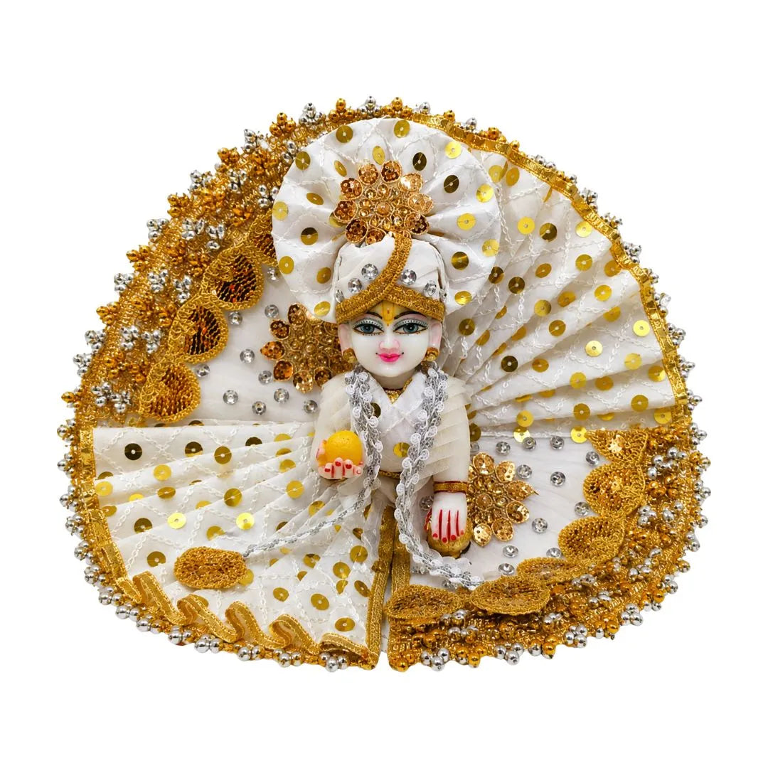 Premium White & Gold Sequin Designer Dress for Laddu Gopal with Matching Pagdi