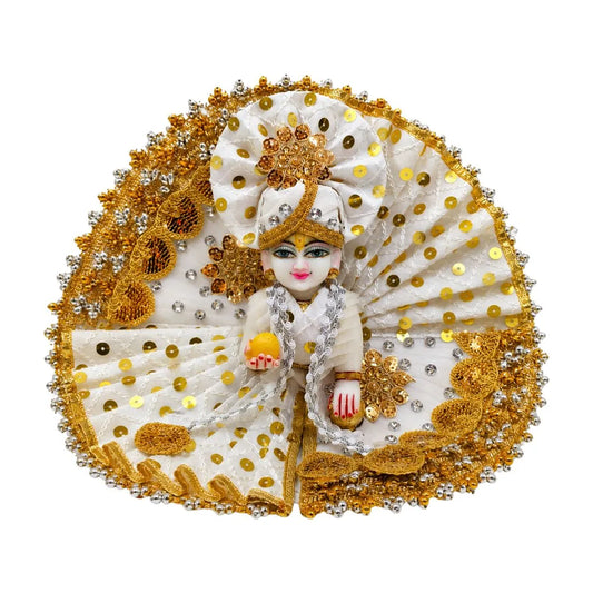 Premium White & Gold Sequin Designer Dress for Laddu Gopal with Matching Pagdi