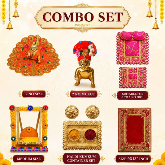 Laddu Gopal Pooja Combo Set with Dress, Mukut, Jhula & Pooja Essentials