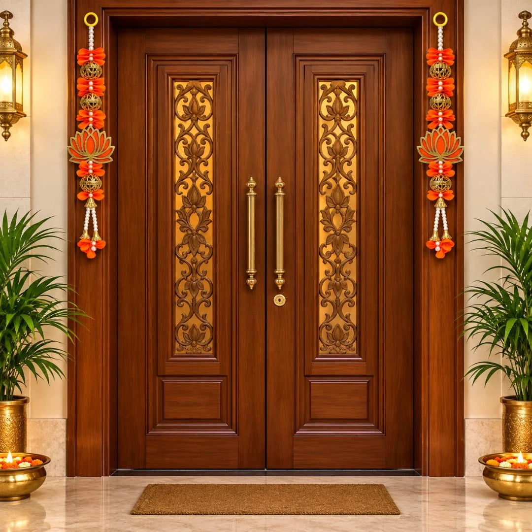 Elegant Orange Artificial Flower & Lotus Diwali Door Latkan Pair with Beads