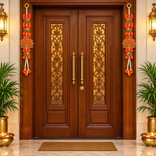 Elegant Orange Artificial Flower & Lotus Diwali Door Latkan Pair with Beads