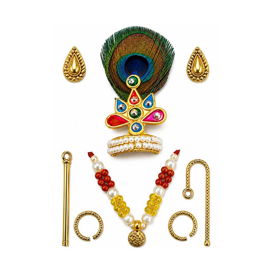 Kanha ji & Ganesh Ji Combo Mukut, Bansuri, Earrings, Mala, Kangan & Stick Set for 2 to 4 No Size