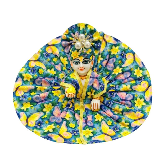 Yellow and Blue Butterfly Floral Print Pure Cotton Laddu Gopal Dress Set with Matching Mukut