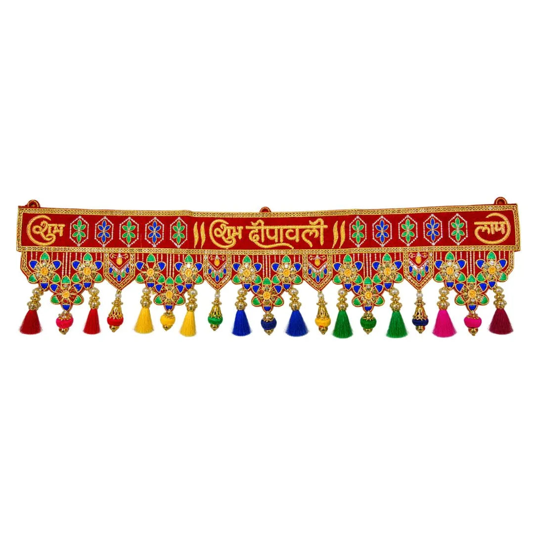 Handcrafted Red Velvet Embroidered Toran with Colorful Tassels & Traditional Motifs