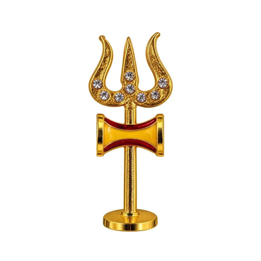 Premium 2 inch Yellow and Red, Stone Studded Gold-Plated Metal Trishul with Damru